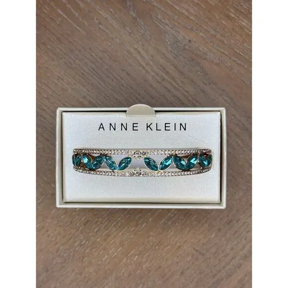 Anne Klein Gold Tone Teal Crystal Bangle Bracelet NIB - Picture 3 of 4